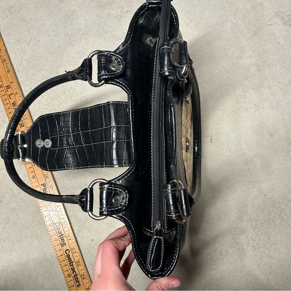 Tan & Black Straw Woven Buckle Handbag Tote Basket Black Reptile Faux Leather - Picture 6 of 9